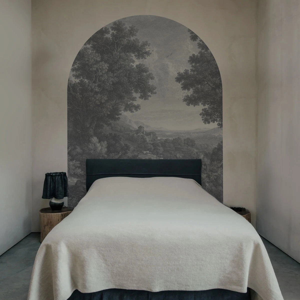 Mural flizelinowy w kształcie łuku PICTURESQUE VALLEY OF SERENITY szary z niebieskim