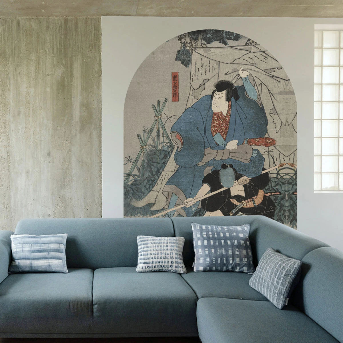 Bogenförmiges Vlieswandbild SAMURAI SAGA beige mit Blau