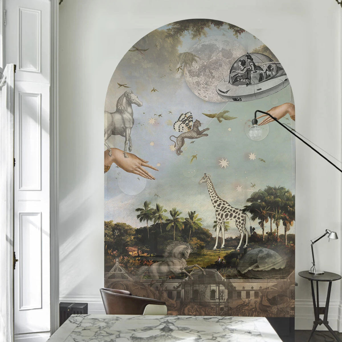 Mural flizelinowy w kształcie łuku STARDUST SAFARI ciemnozielony z niebieskim