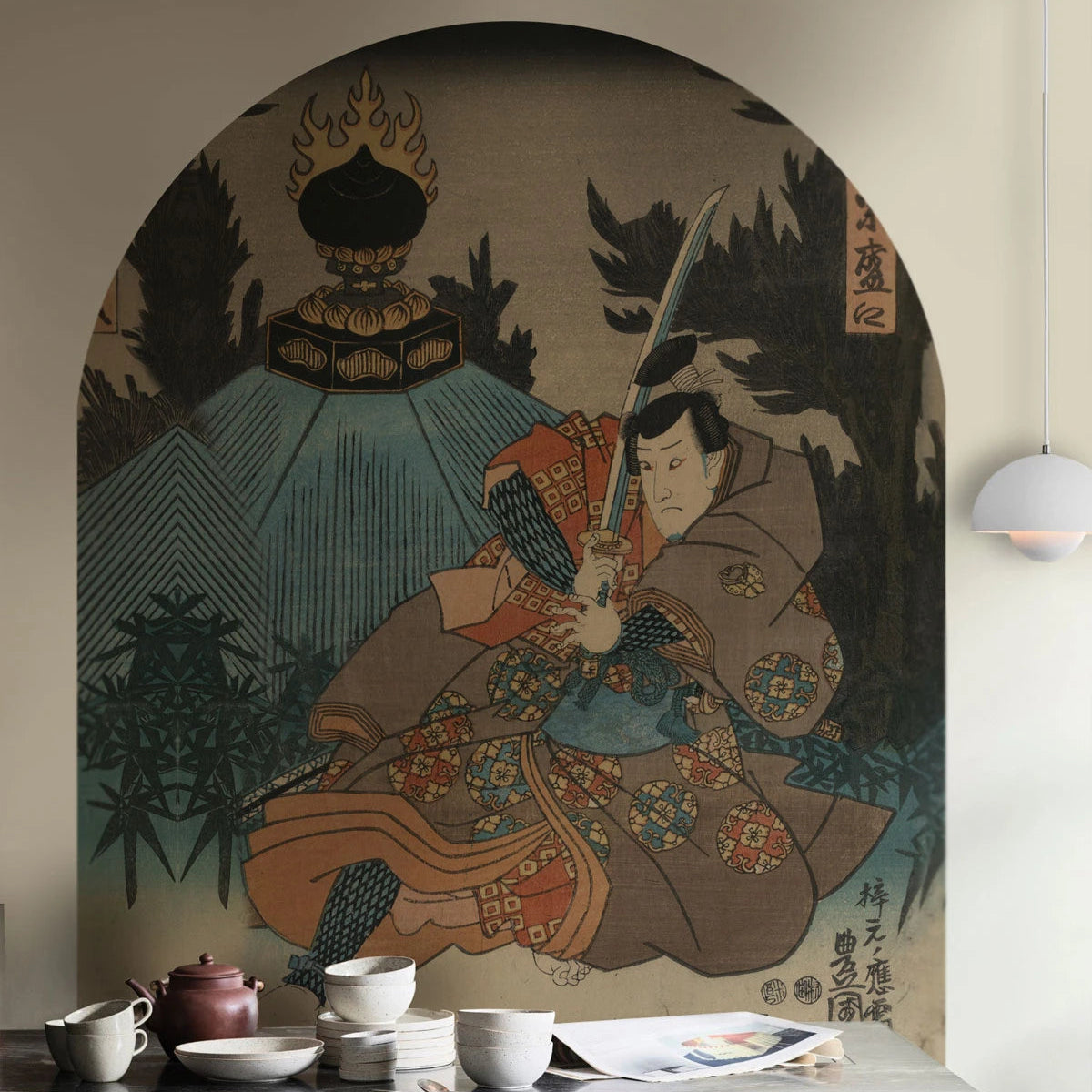 Mural flizelinowy w kształcie łuku WARRIOR ETHOS beżowy z niebieskim