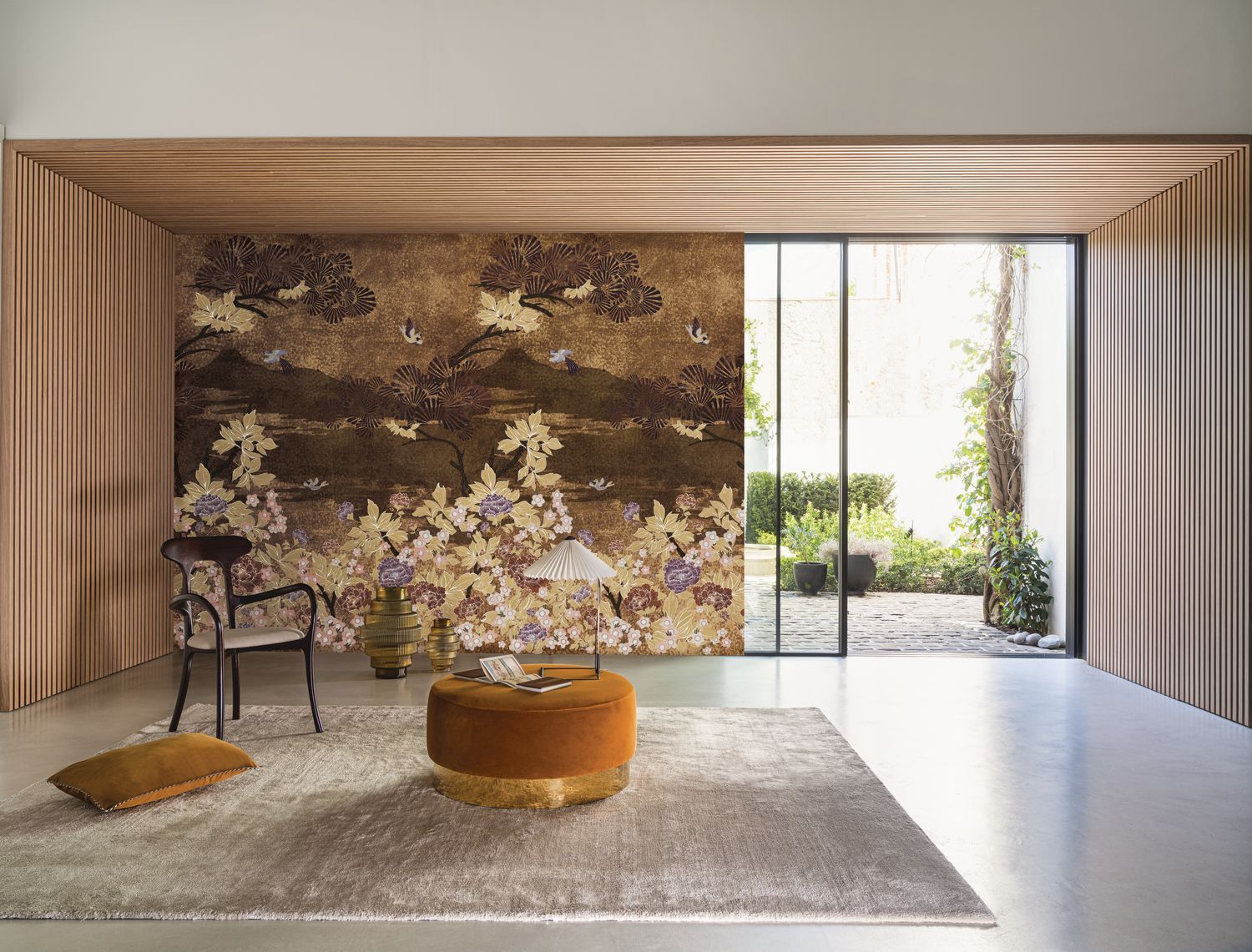 Mural z motywem roślinnym liści KANSAI - CUIVRE/DORÉ brązowy ze złotym