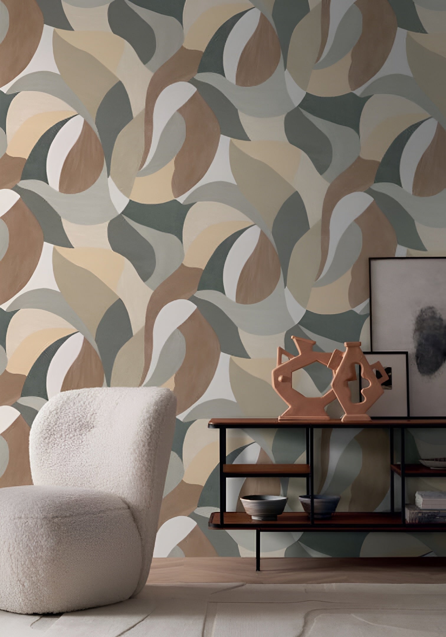 Abstract plant motif wallpaper in MANDORLA leaves - SABLE/GRIS CENDRE beige with gray
