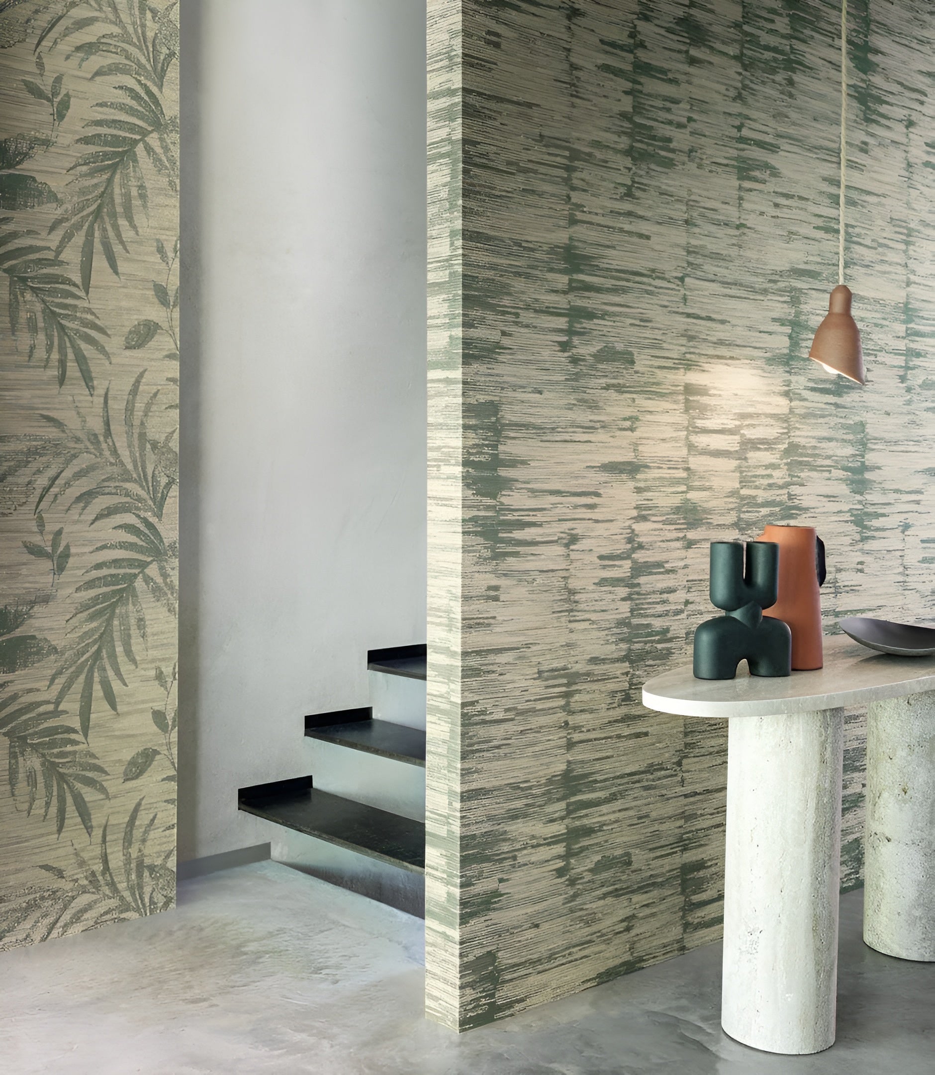 Textilstruktur-Tapete mit Streifen ALCHEMILLA - EMERAUDE/CÉLADON in mintgrün mit beige