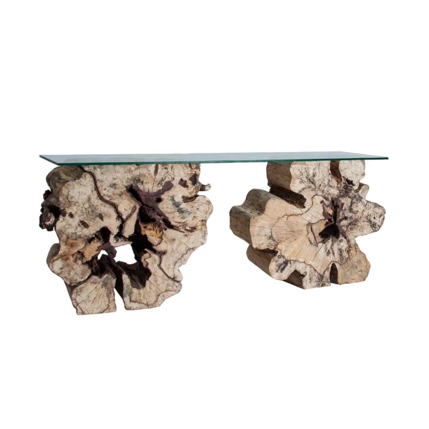 Konsola BEYNEU drewno tropikalne ze szklanym blatem