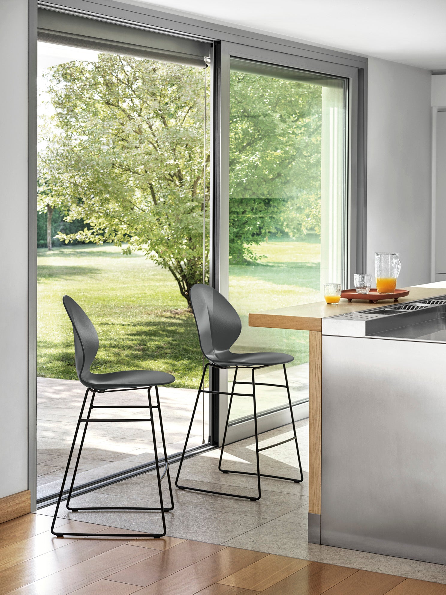 BASIL bar stool with blue seat and chrome metal base