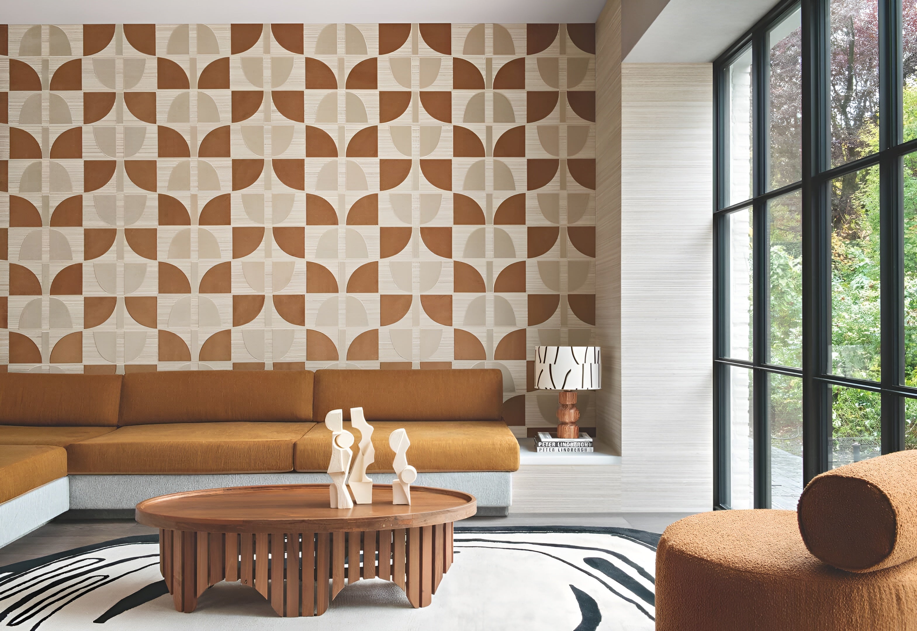 Plant fiber wallpaper with geometric pattern HIKARI - BEIGE OCRE beige with orange