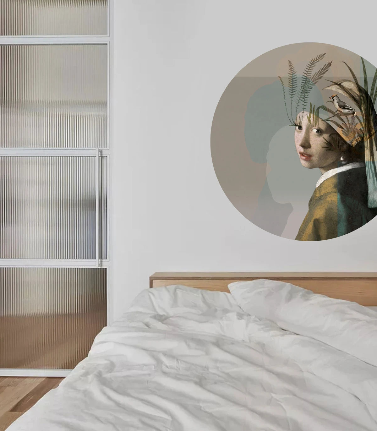 Wandbild in Kreisform DOTS - NATURMÄDCHEN MIT DER PERLE beige mit grün