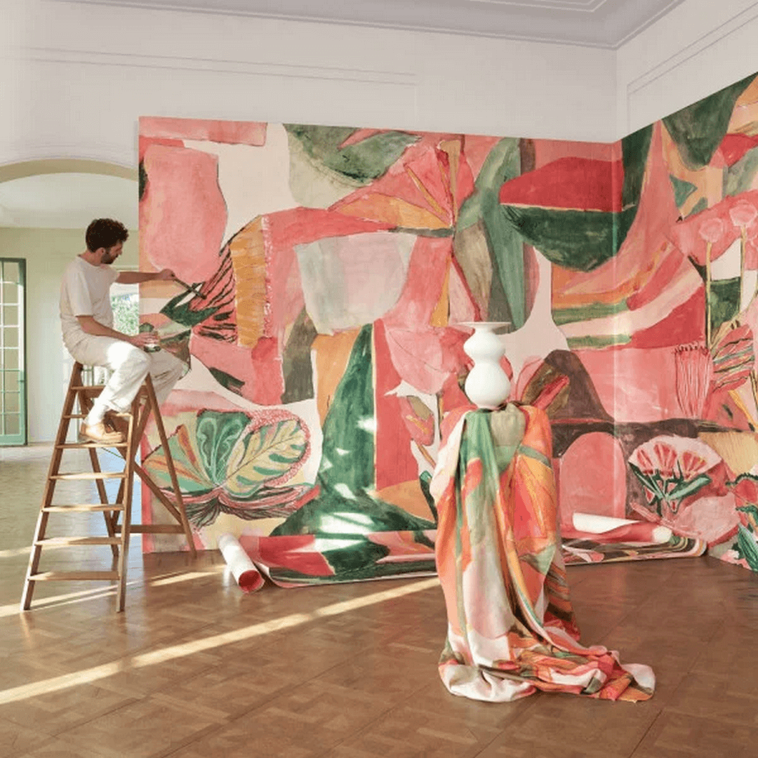 Abstract textile mural with a plant motif JARDIN DANSÉ - BLUSH MULTICOLORE pink with green and red