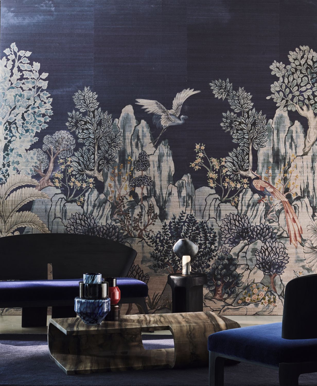 HANG MUA navy blue mural with a plant landscape