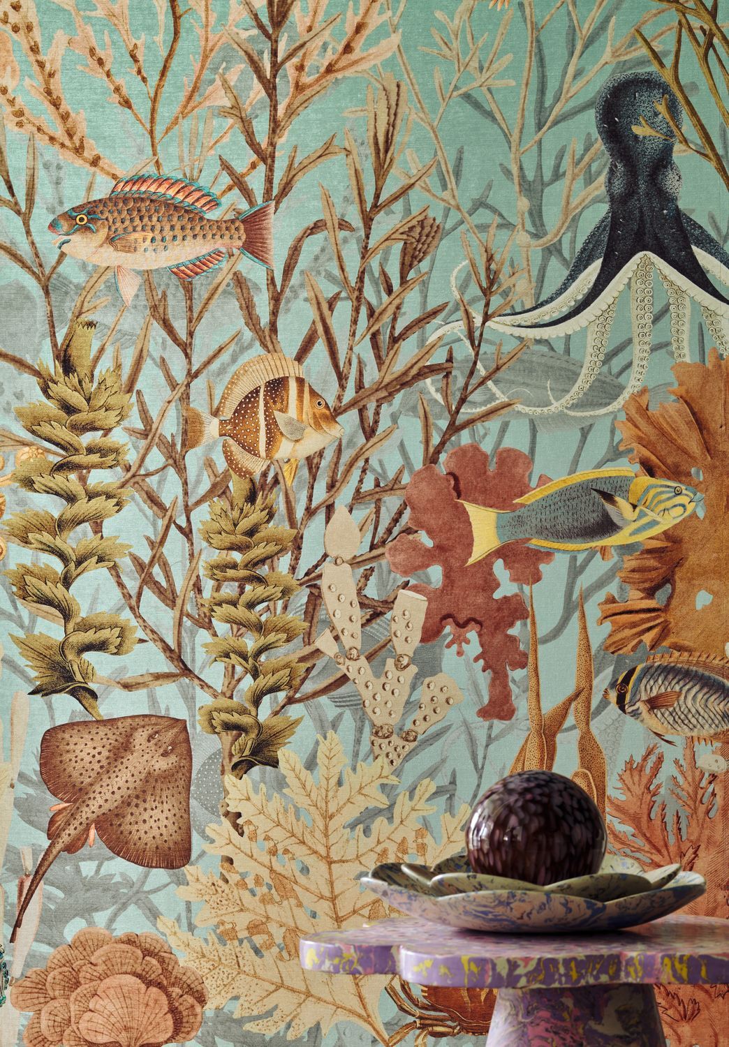Textilwandbild mit Korallenriff-Motiv MOOREA himmelblau