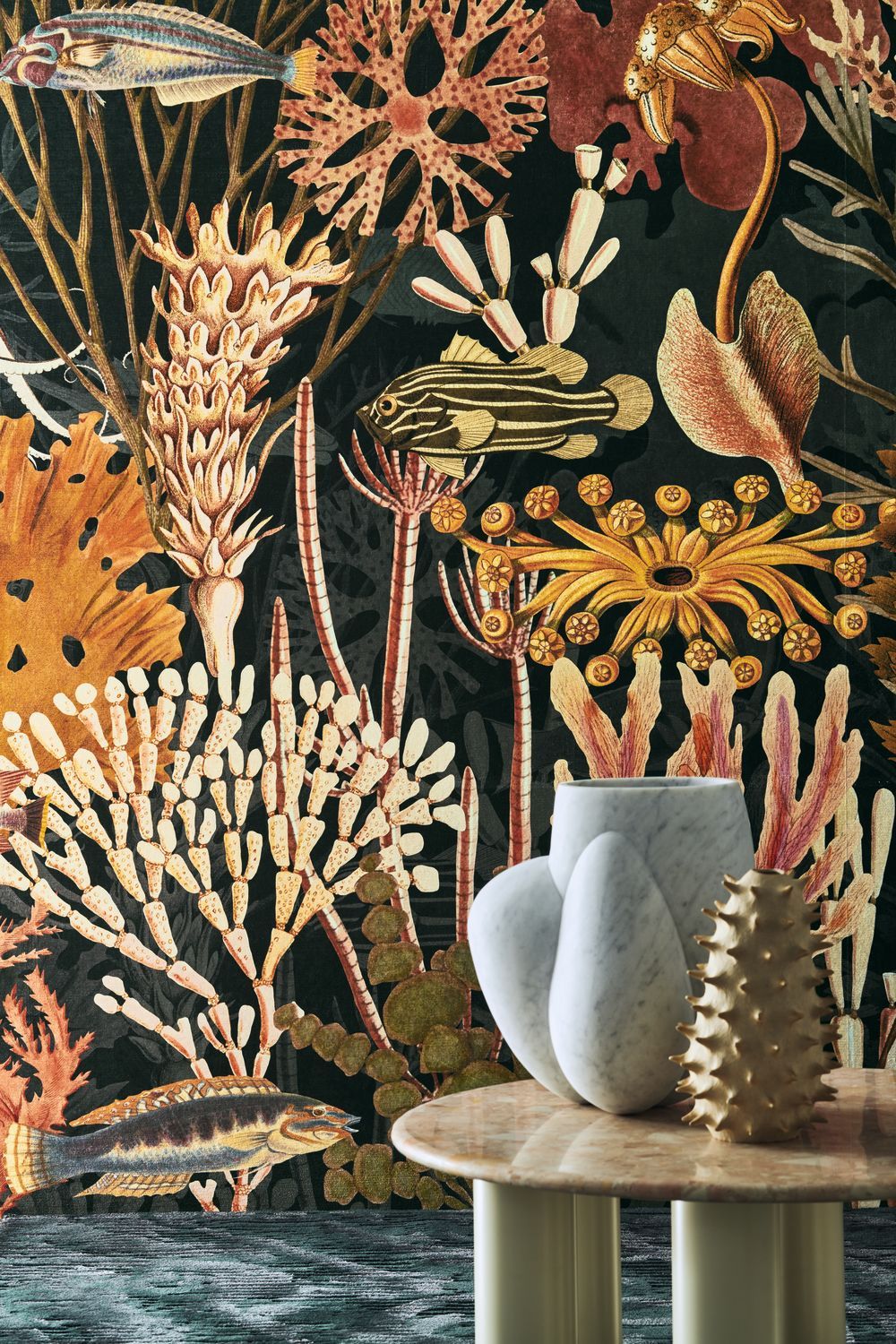 Mural tekstylny z motywem podwodnego pejzażu MOOREA czarny z żółtym