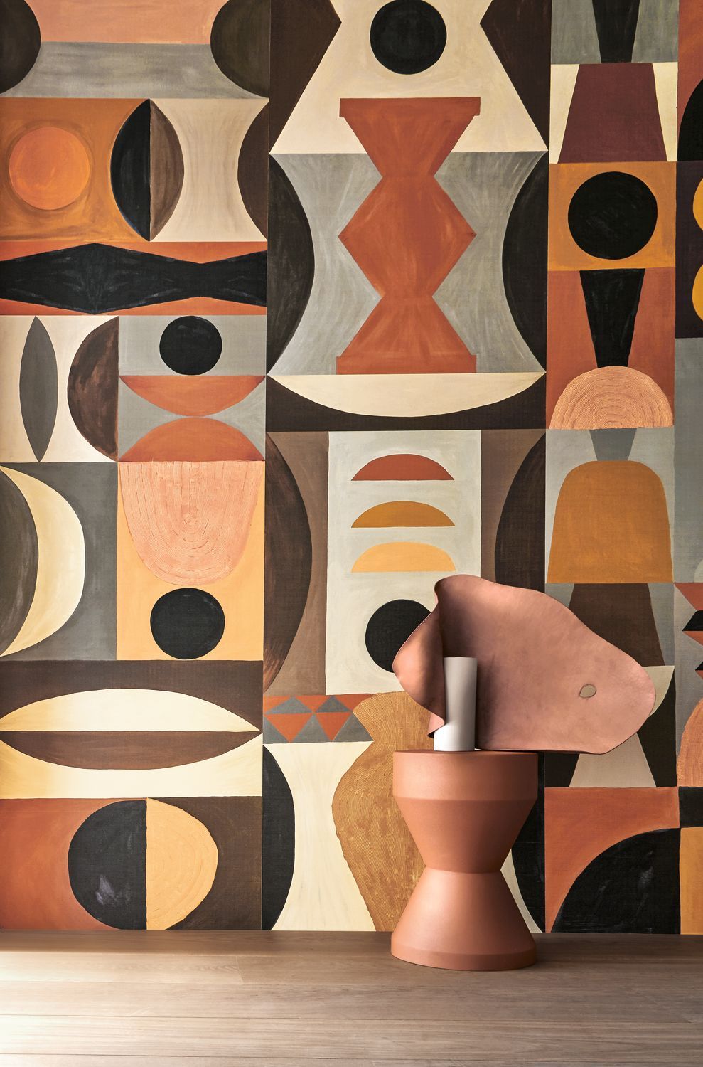Mural with geometric pattern MODELAGE - TERRACOTTA/SABLE terracotta with brown
