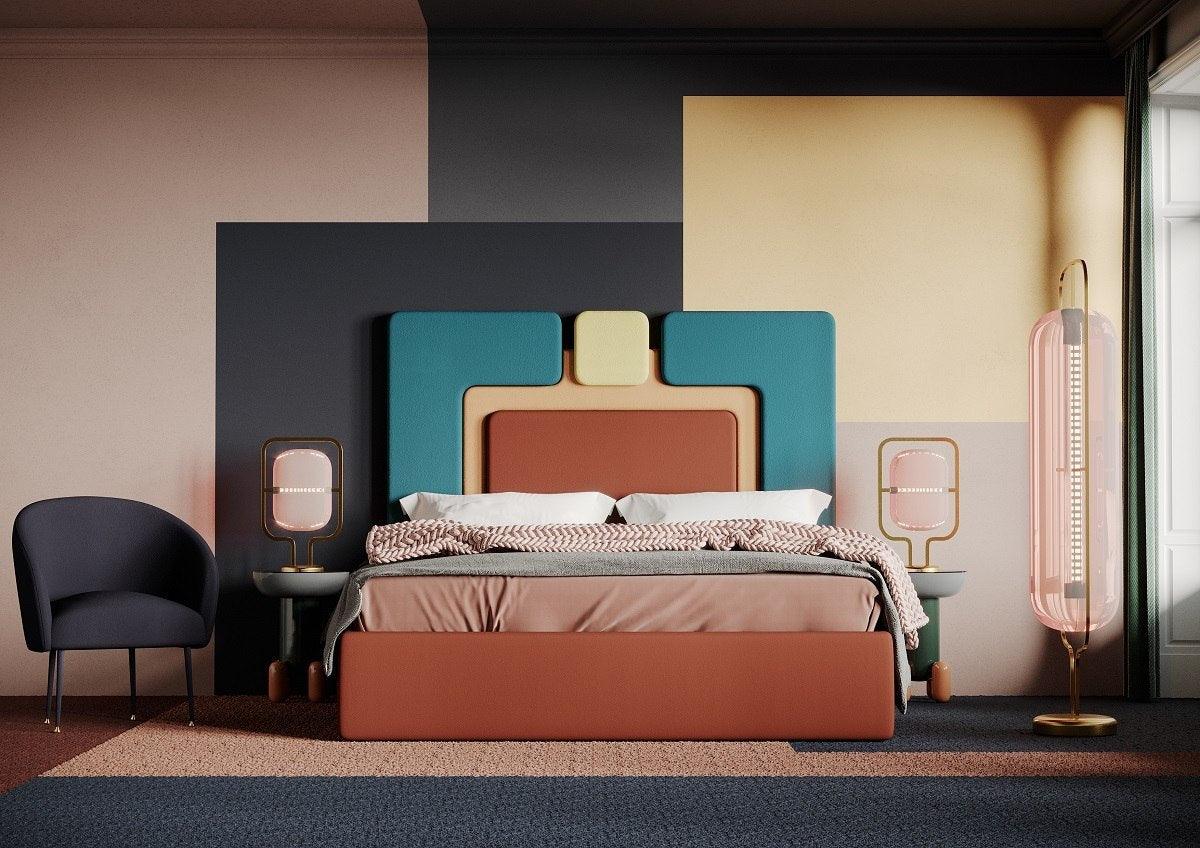 Łóżko tapicerowane PLUM 6 morski z bordowym Happy Barok Eye on Design