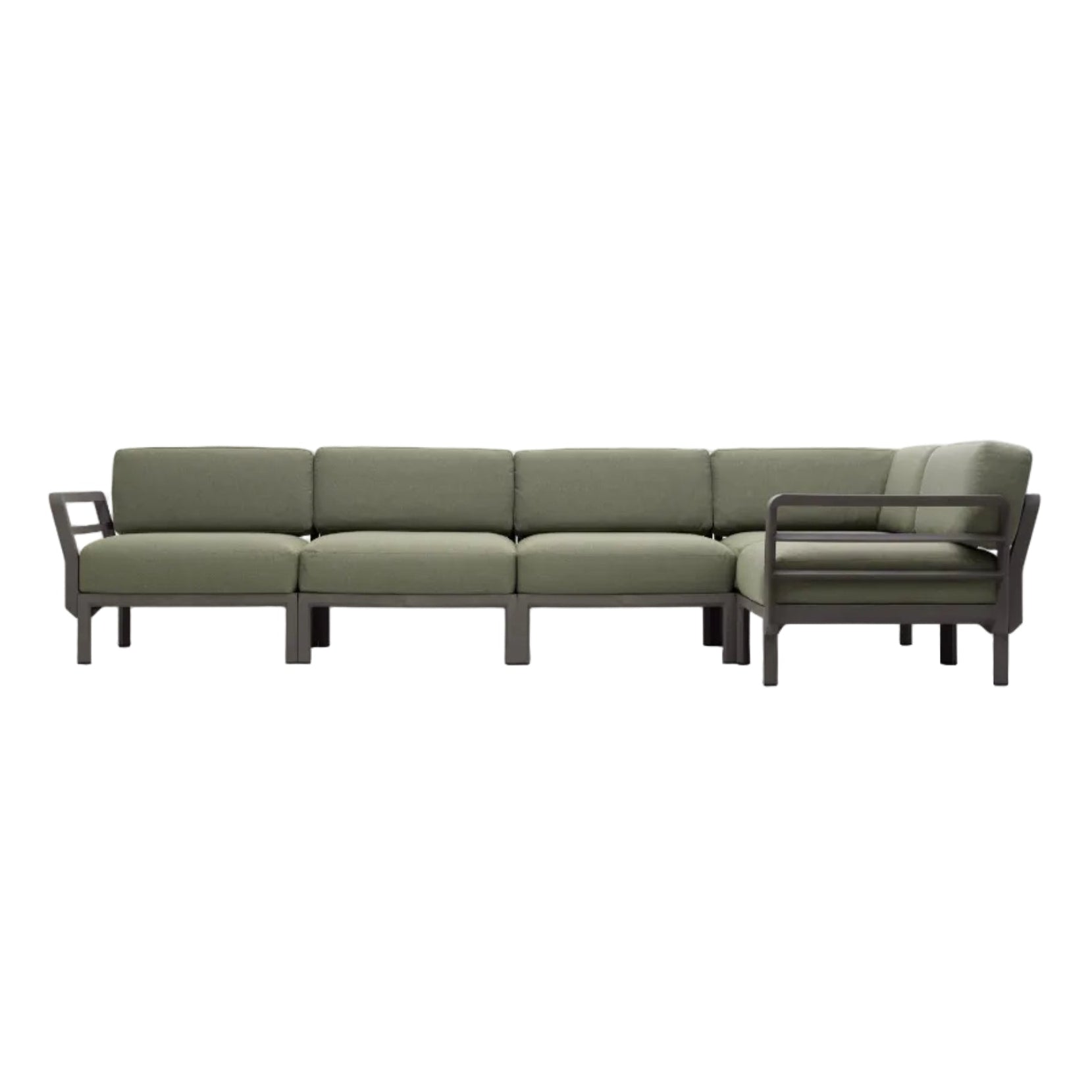 Modularer Außen-Ecksofa MAXIMO 5 Thymiangrün mit braunem Gestell