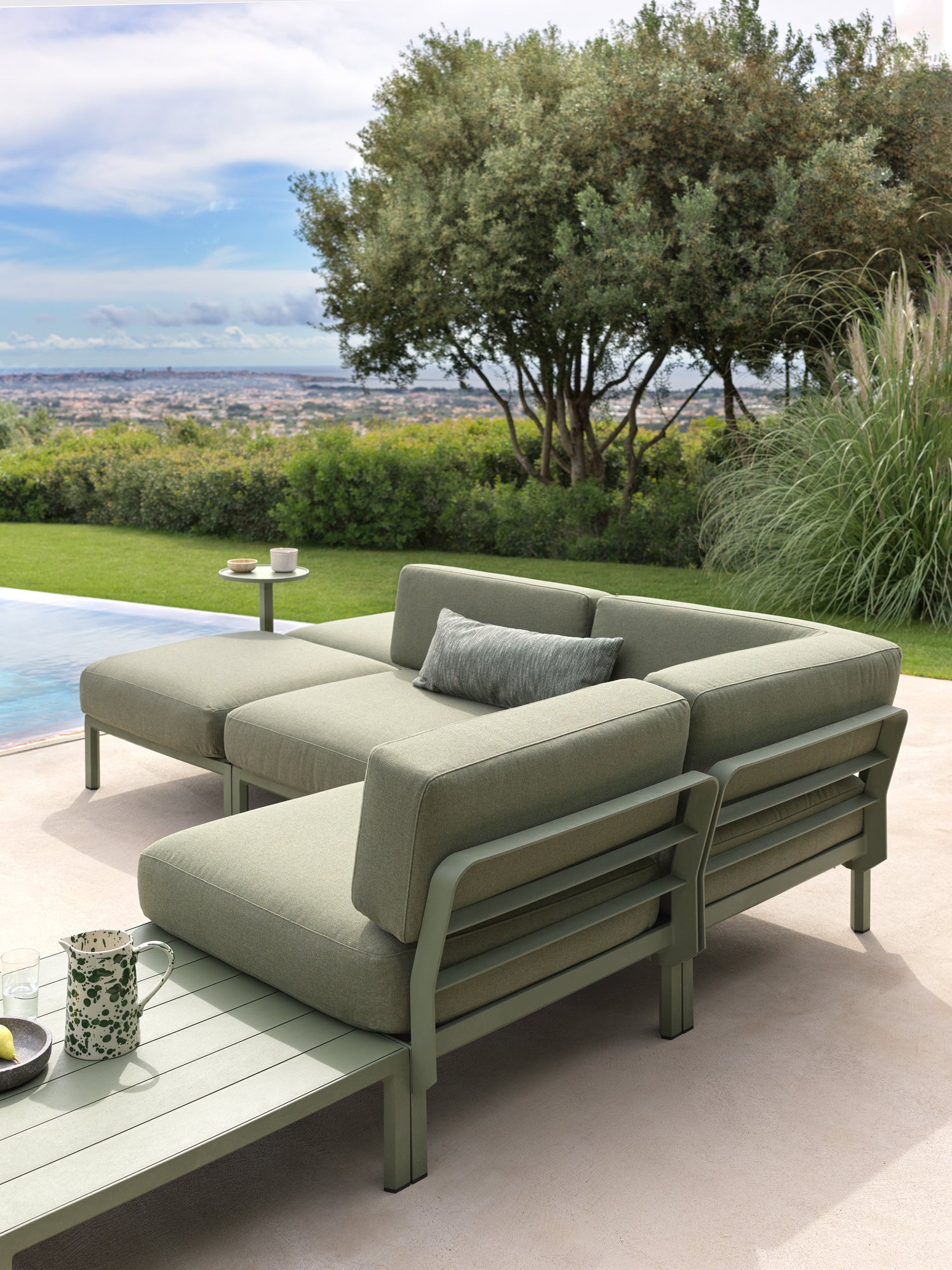 MAXIMO Outdoor Pouf in Thyme Green with Green Base