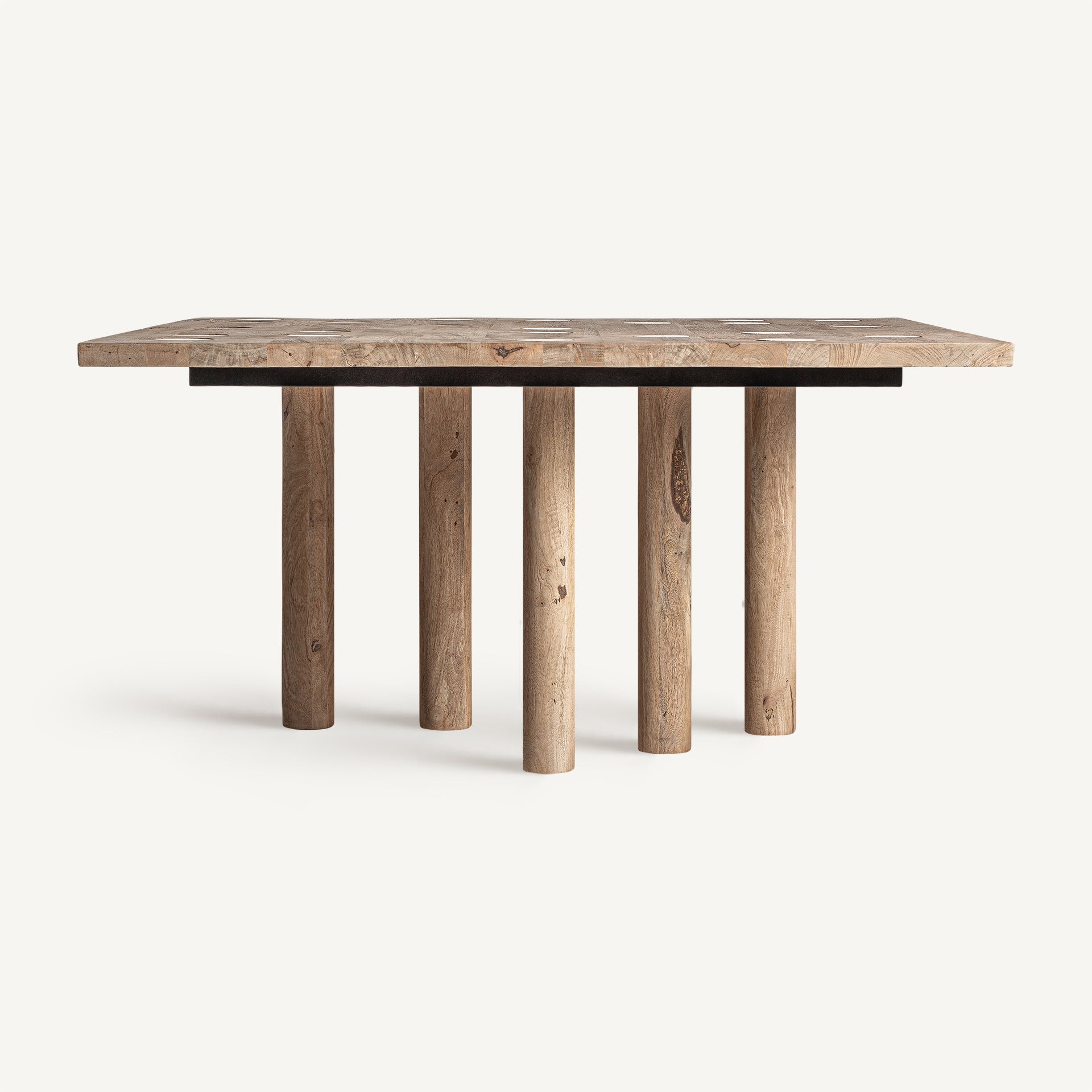 Quadratischer Tisch JACQUARD aus Mangoholz mit Travertin-Oberfläche