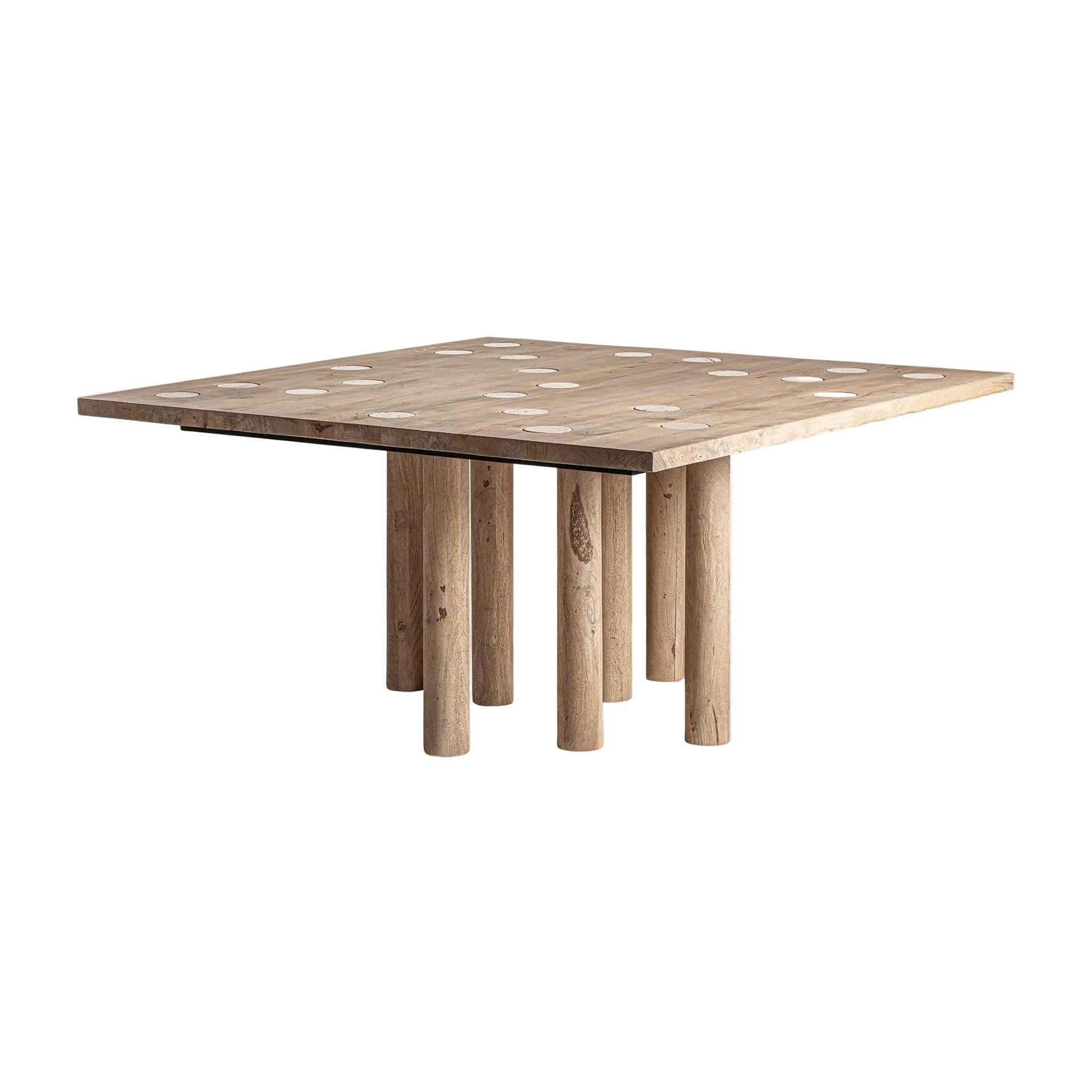 Quadratischer Tisch JACQUARD aus Mangoholz mit Travertin-Oberfläche