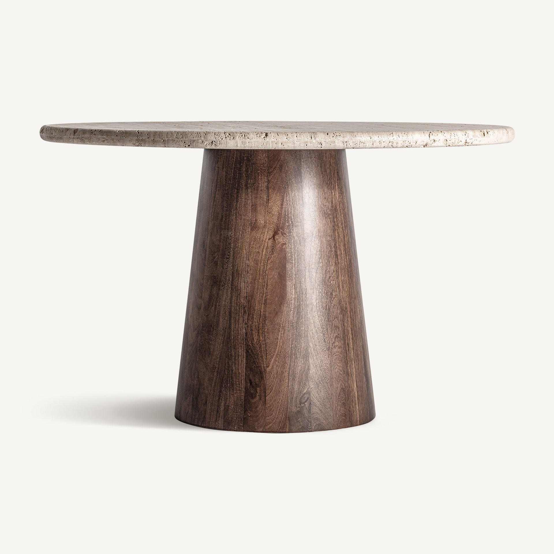 VARZI Round Table with Travertine Top and Mango Wood Base