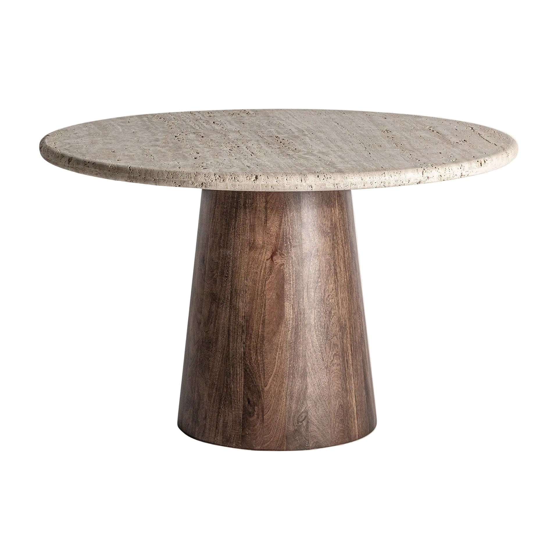 VARZI Round Table with Travertine Top and Mango Wood Base