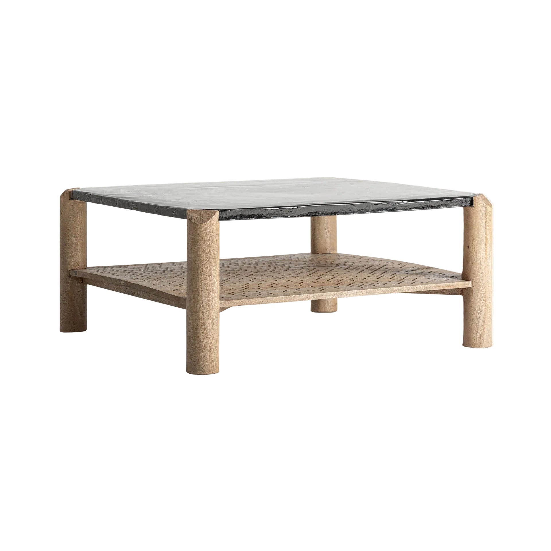 Kaffeetisch JACQUARD aus Mangoholz mit Glasplatte