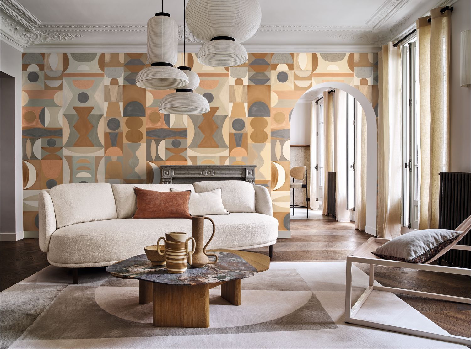 Mural with geometric pattern MODELAGE - CAMEL/NUDE beige with brown