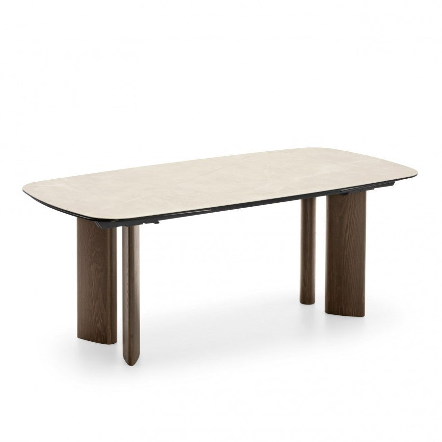 SANDY extendable table with a ceramic top resembling travertine and a walnut base