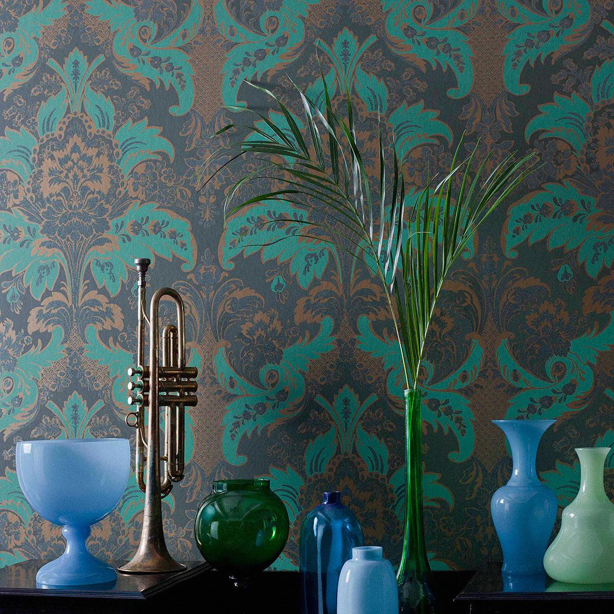 Metallic wallpaper with ornaments ALBEMARLE - Aldwych glittering gold