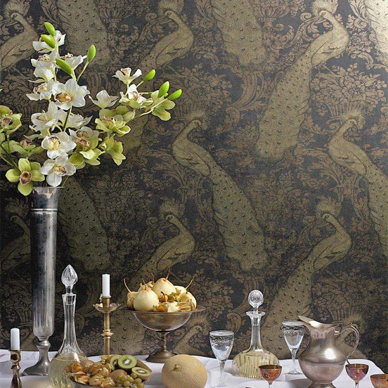 Metallic wallpaper with animal motif in peacock ALBEMARLE - Lilac Byron