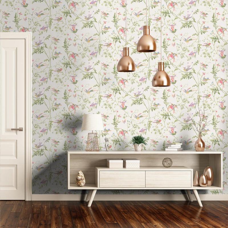 Wallpaper with a plant and animal motif of ARCHIVE ANTHOLOGY - Hummingbirds olive on light green
