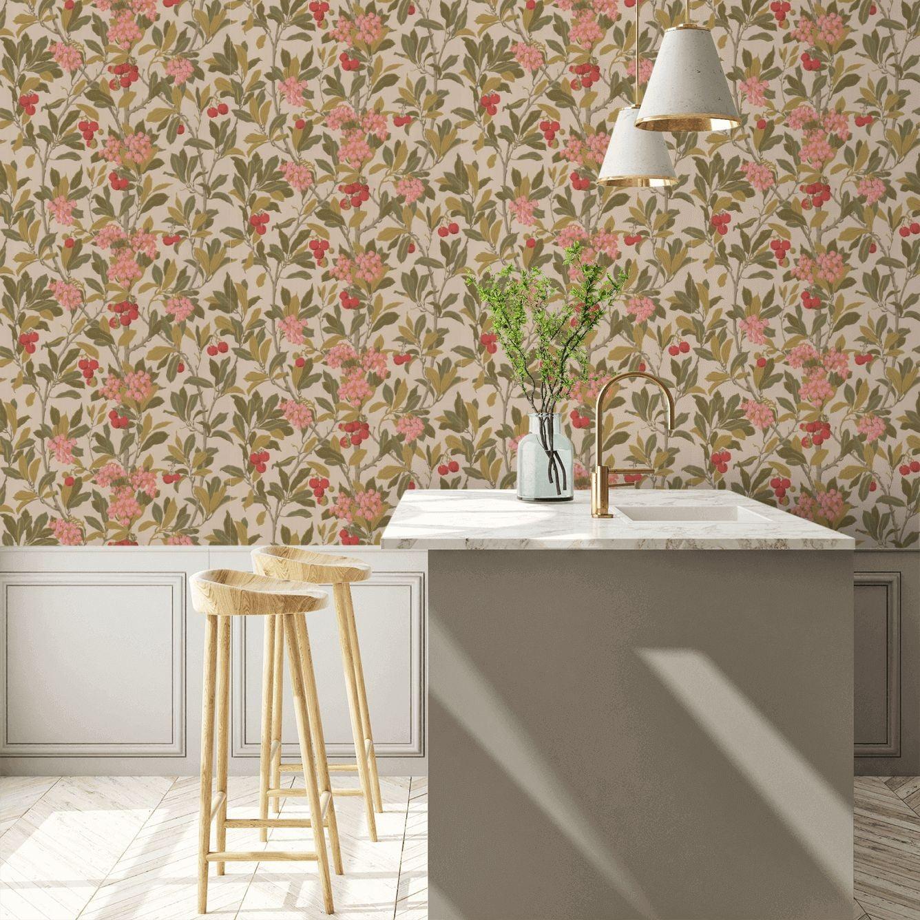 Wallpaper with a plant motif of fruits and leaves ARCHIVE ANTHOLOGY - Strawberry Tree red on white