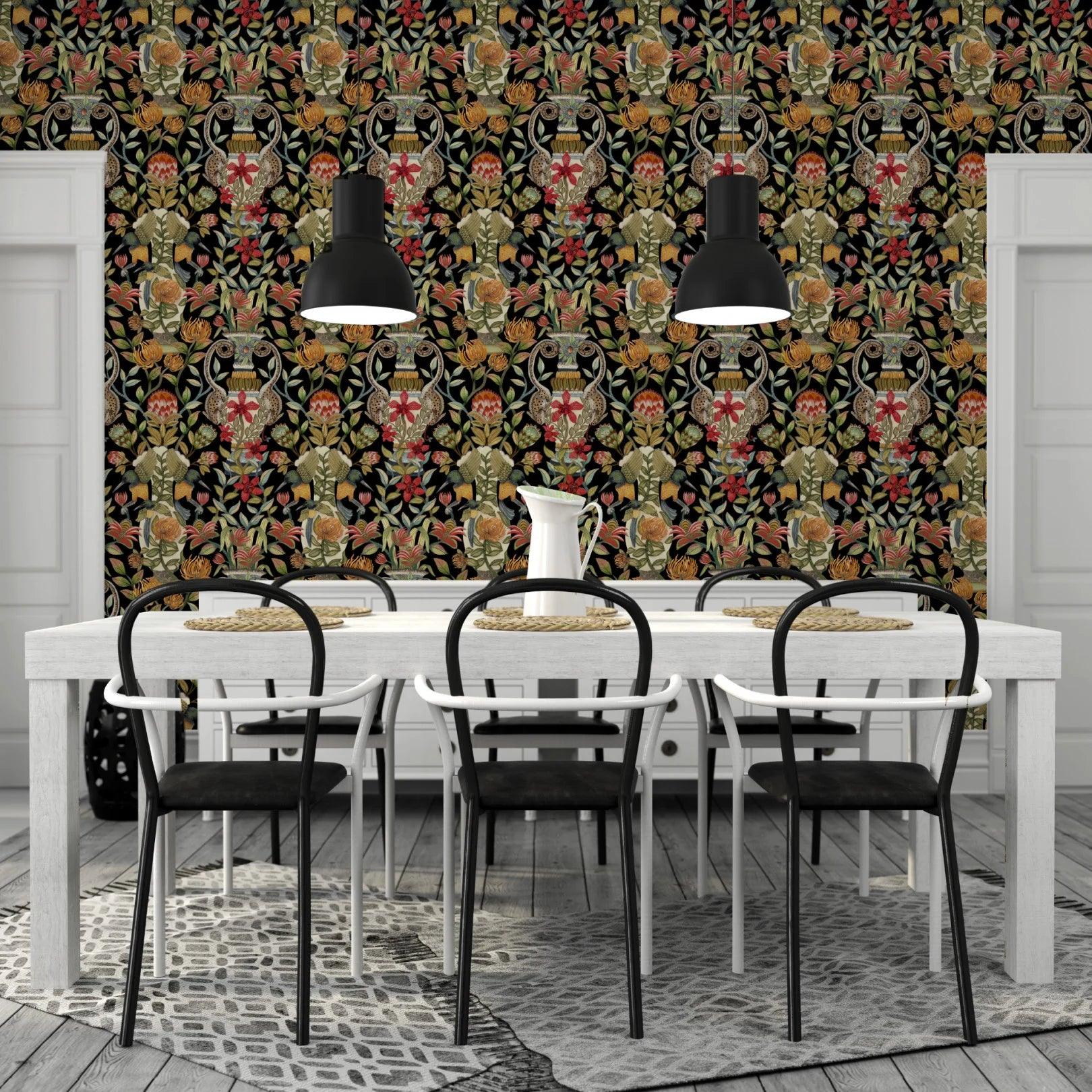 Wallpaper with plant and animal motif ARDMORE JABULA - Cream Protea Garden