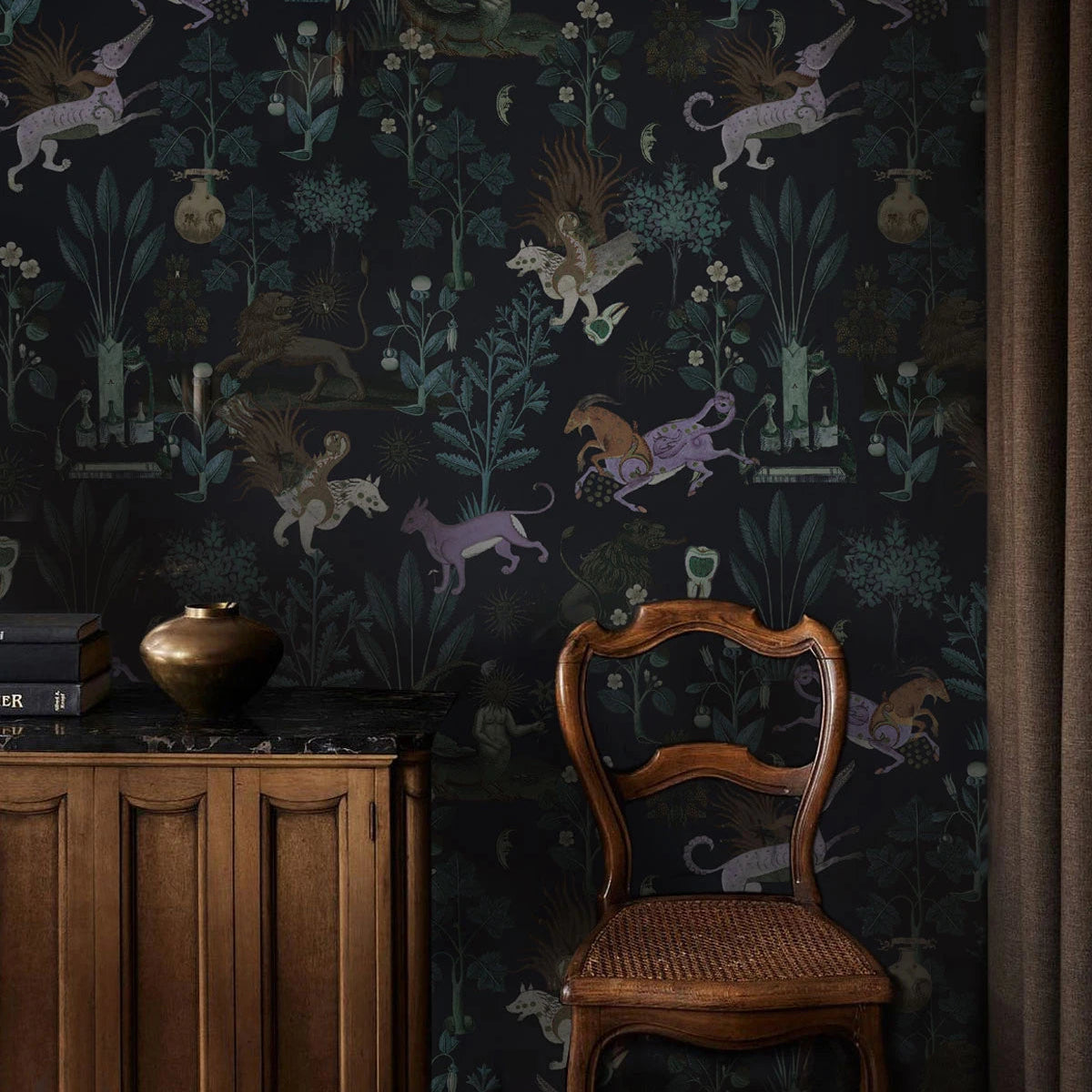 Botanical Beast Purple Floral Wallpaper - Black with Purple
