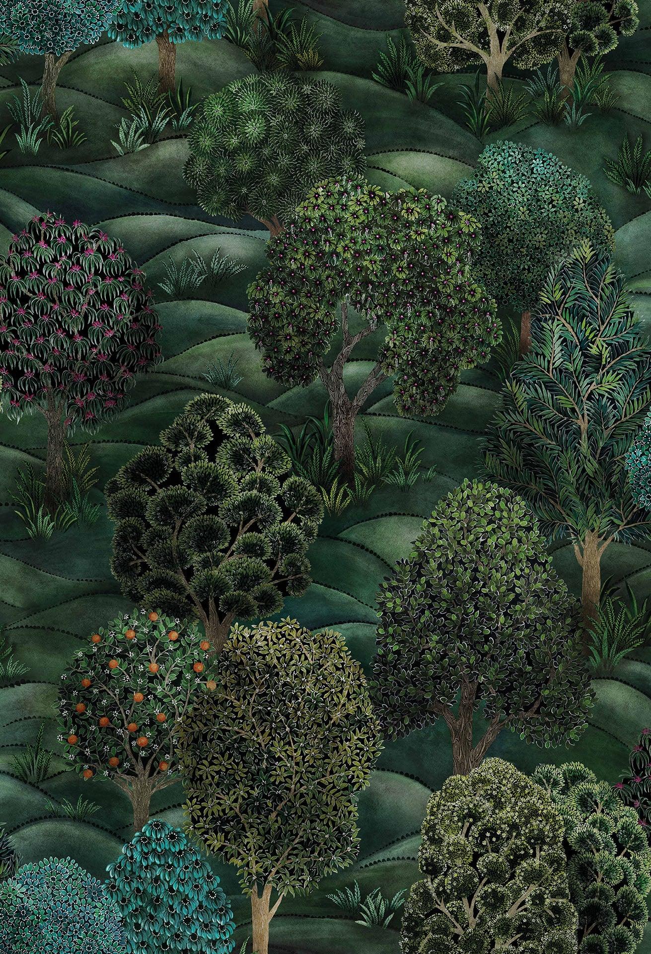 Wallpaper with a plant motif magical forest BOTANICAL BOTANICA - Dark green forest