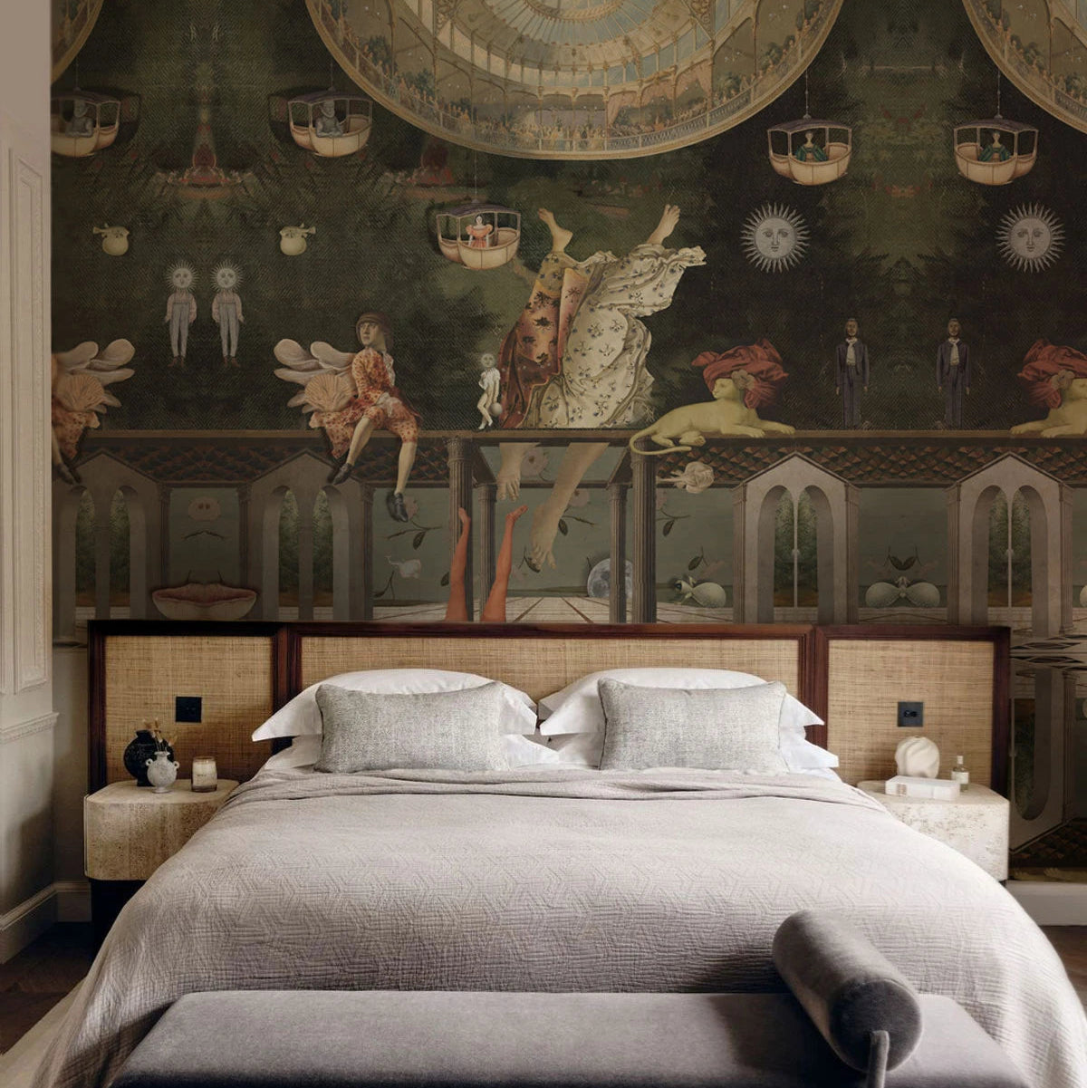 Wallpaper with an artistic landscape CAROUSEL green with gold