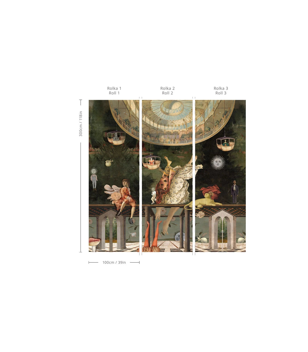 Wallpaper with an artistic landscape CAROUSEL green with gold