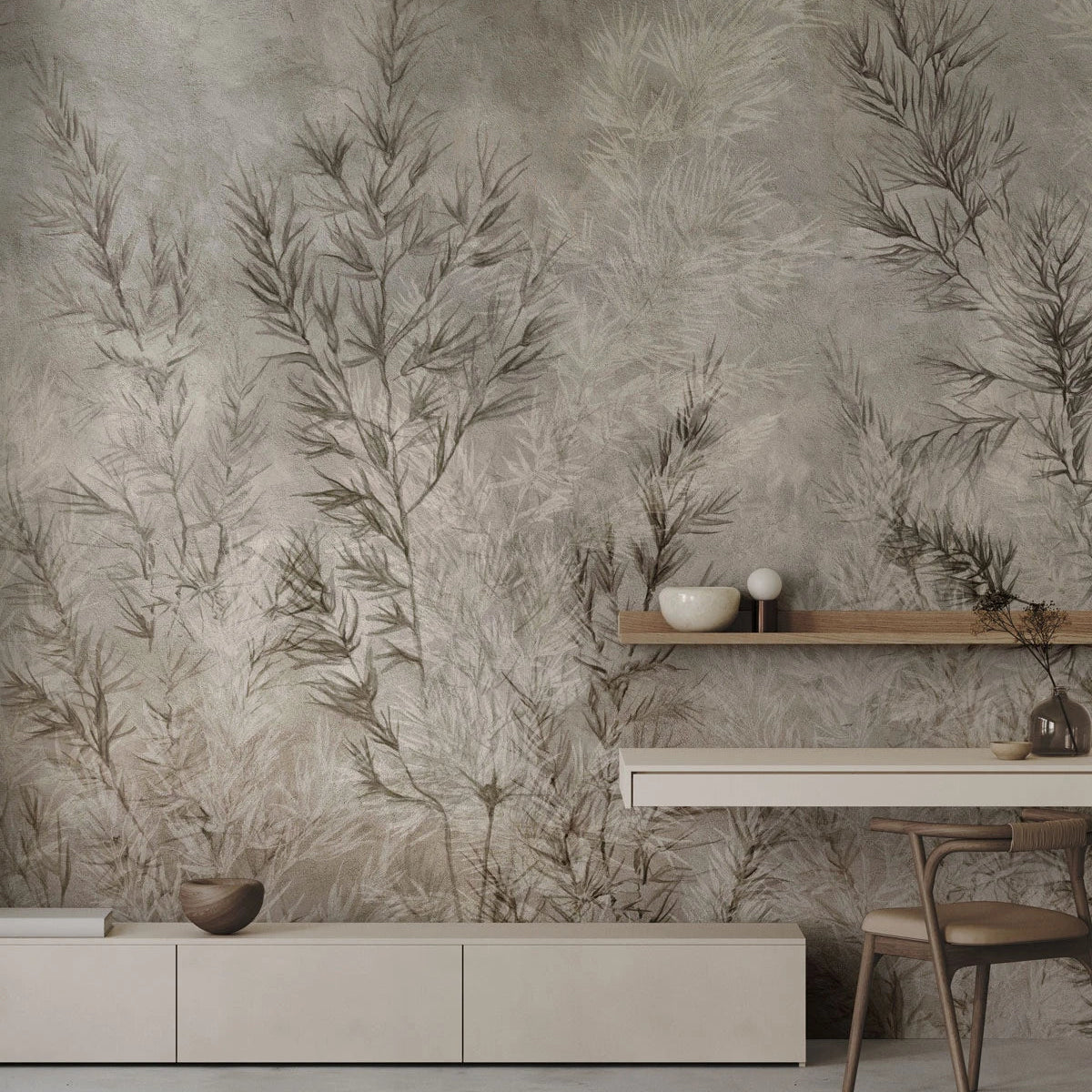 Tapeta flizelinowa z roślinnym wzorem DRY GRASS szarobeżowy