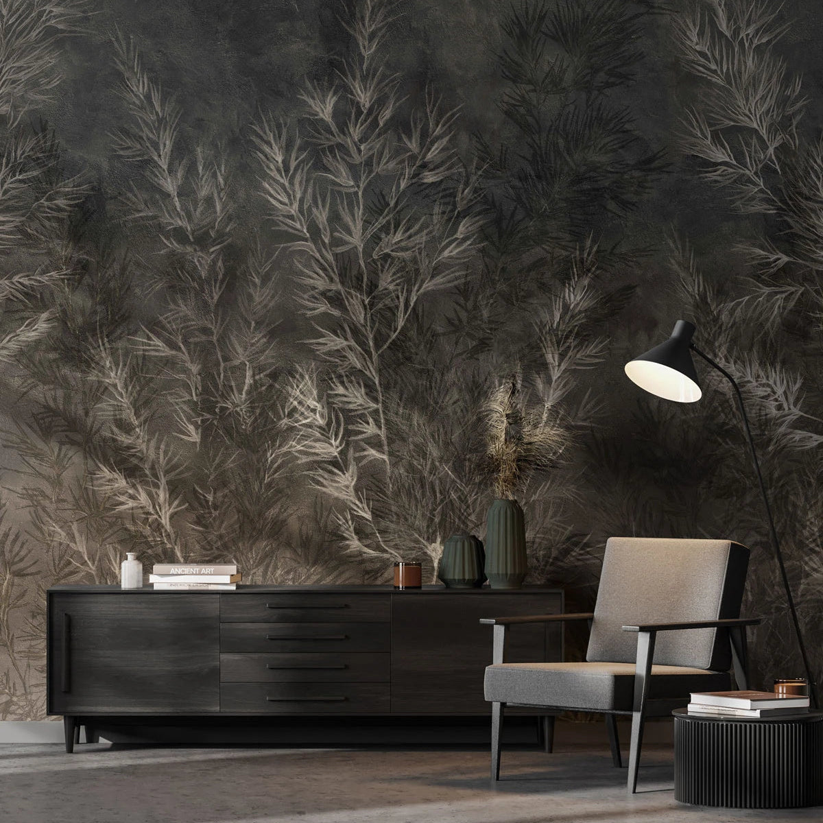 Tapeta flizelinowa z roślinnym wzorem DRY GRASS ciemnozielony
