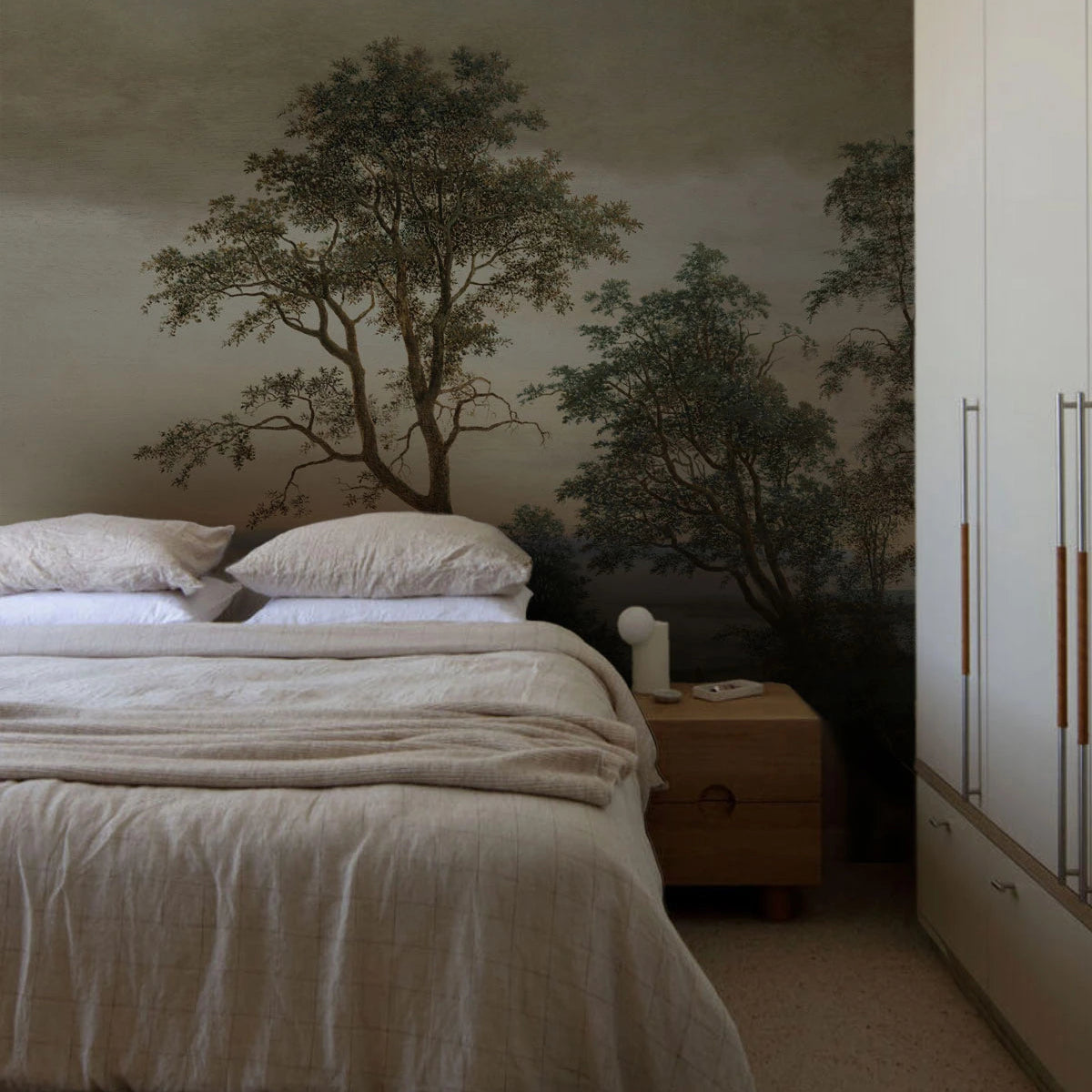 Non-woven wallpaper with landscape EVENING GROVE brown with green