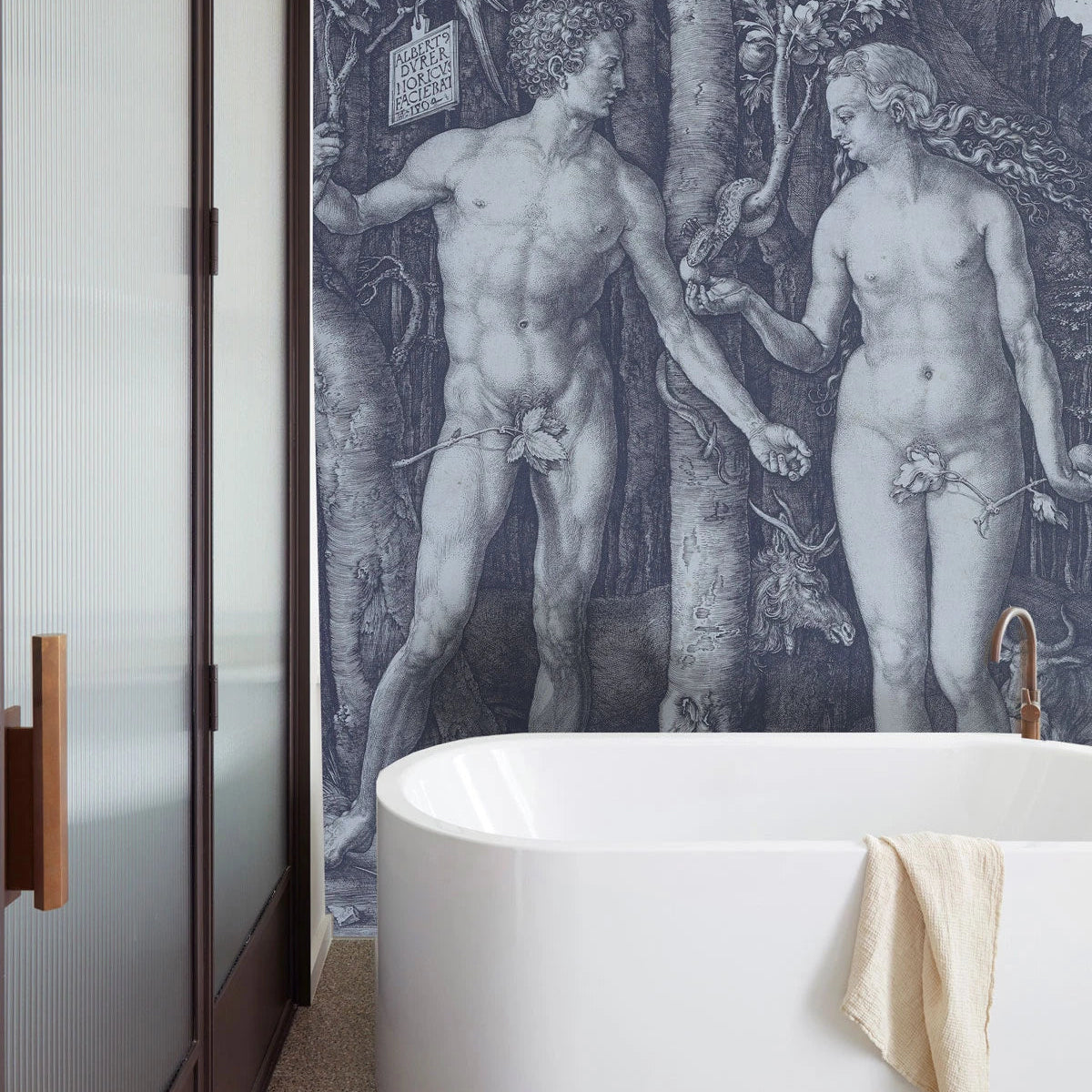 Tapeta z artystycznym krajobrazem raju FORBIDDEN FRUIT szary