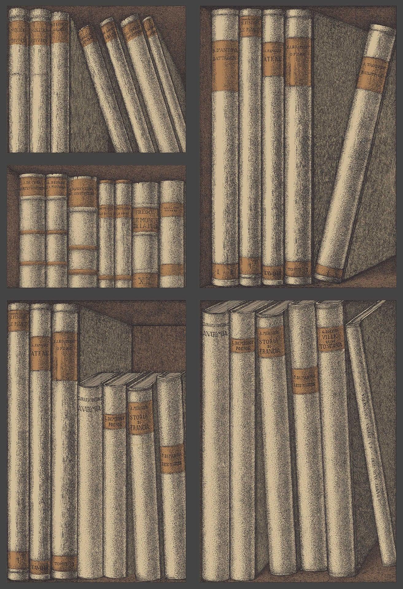 Tapeta z motywem biblioteki i książek FORNASETTI - Ex Libris ochra