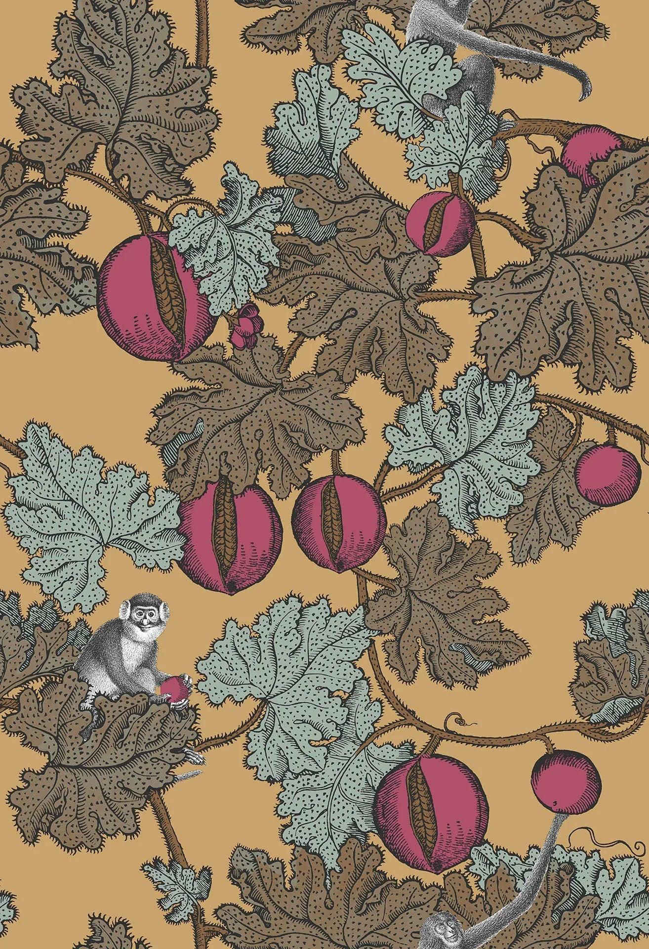 Wallpaper with an animal and plant motif of leaves and fruits FORNASETTI - Forbidden Fruit metallic gold