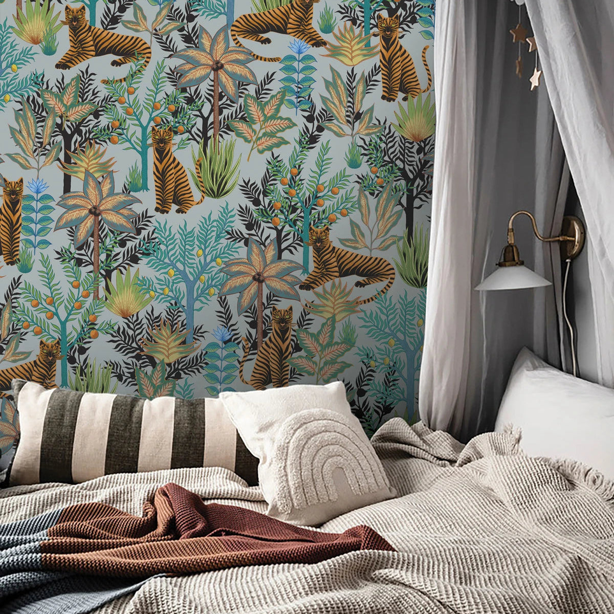 Gold Tigers Light Blue Wallpaper with Plant and Animal Motif