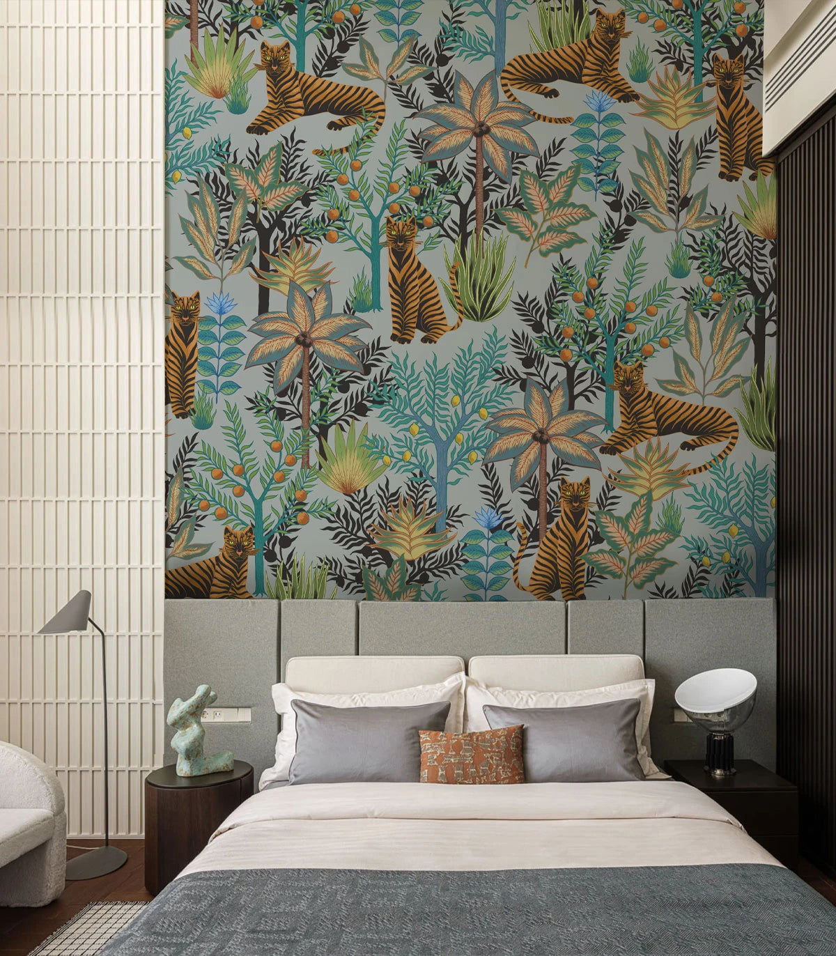 Gold Tigers Light Blue Wallpaper with Plant and Animal Motif