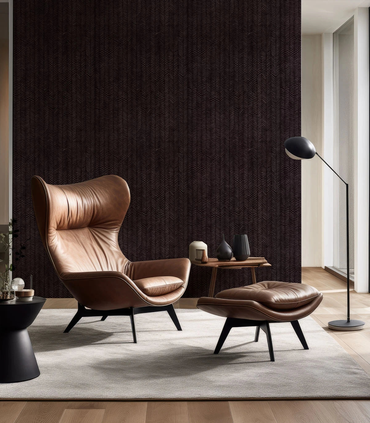 Wallpaper with a geometric herringbone pattern in burgundy