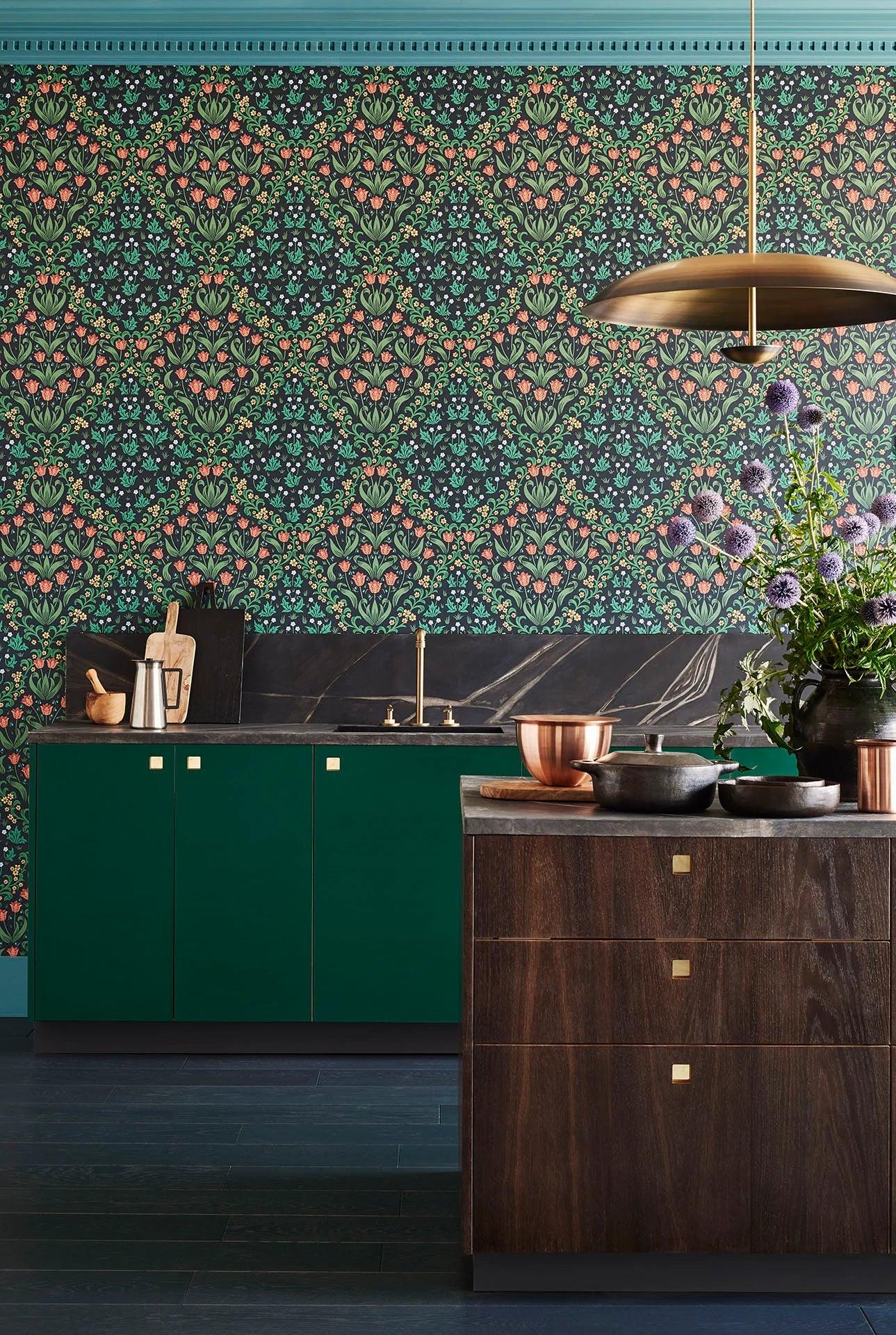 Wallpaper with a plant motif of leaves and flowers HRP GREAT MASTERS - Tudor Garden blue