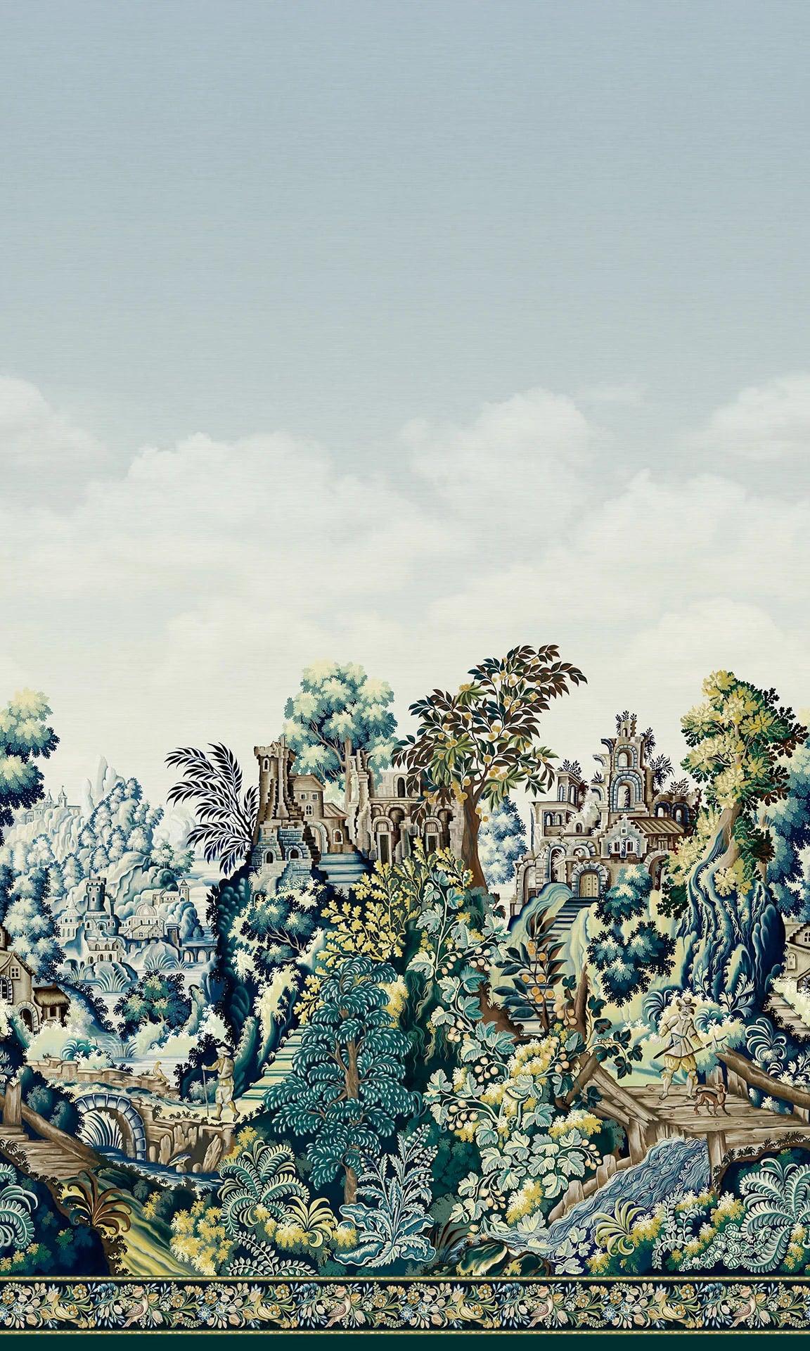 Tapeta z krajobrazem budynków i drzew HRP GREAT MASTERS - Verdure Tapestry zielony z błękitnym