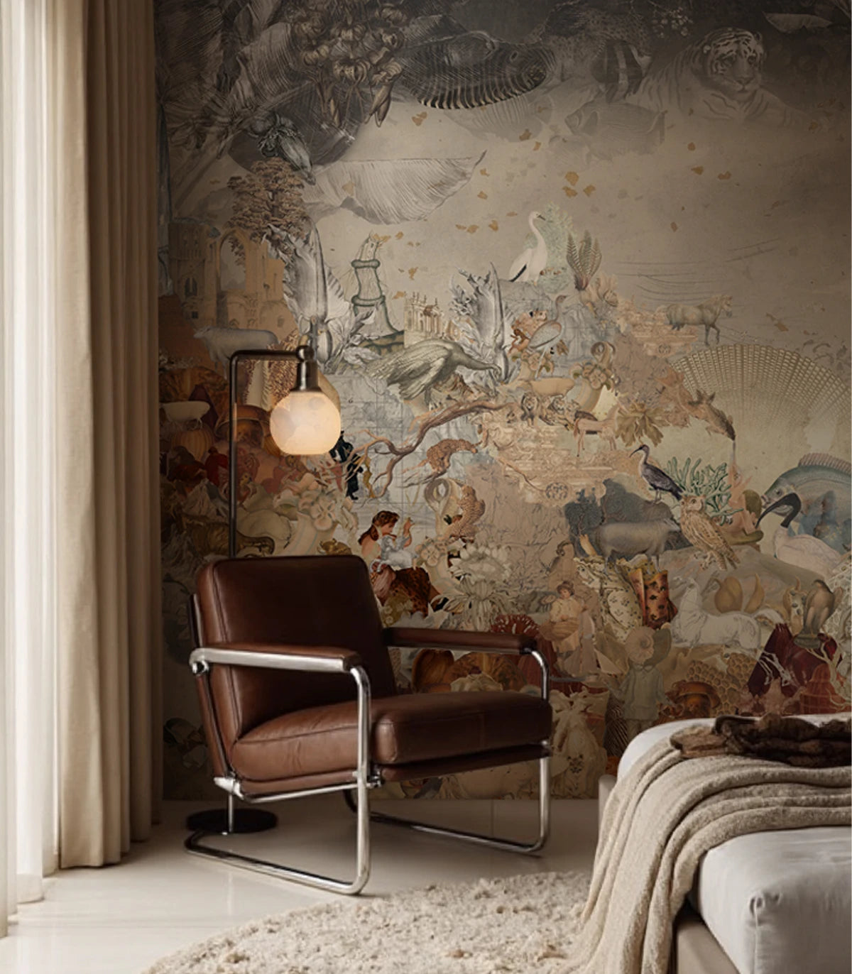 Fliesen-Tapete mit tierischem Motiv KÖNIGREICH ALLER KREATURER SEPIA beige mit Bronze