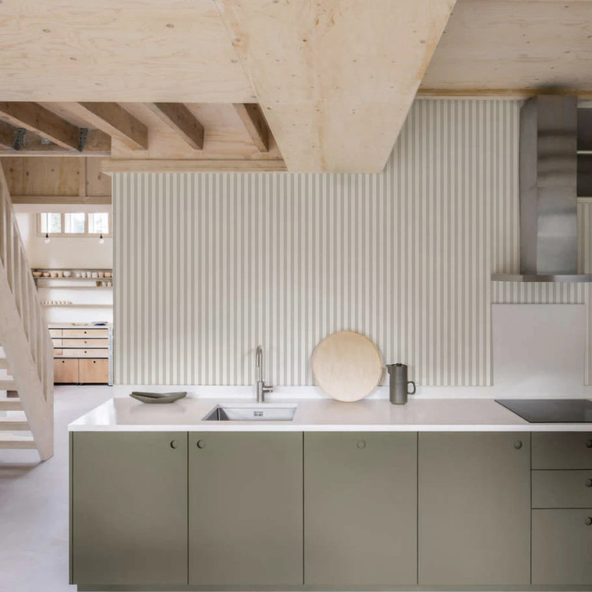 Wallpaper with geometric striped pattern STRIPE MEADOW MIST light green with gray