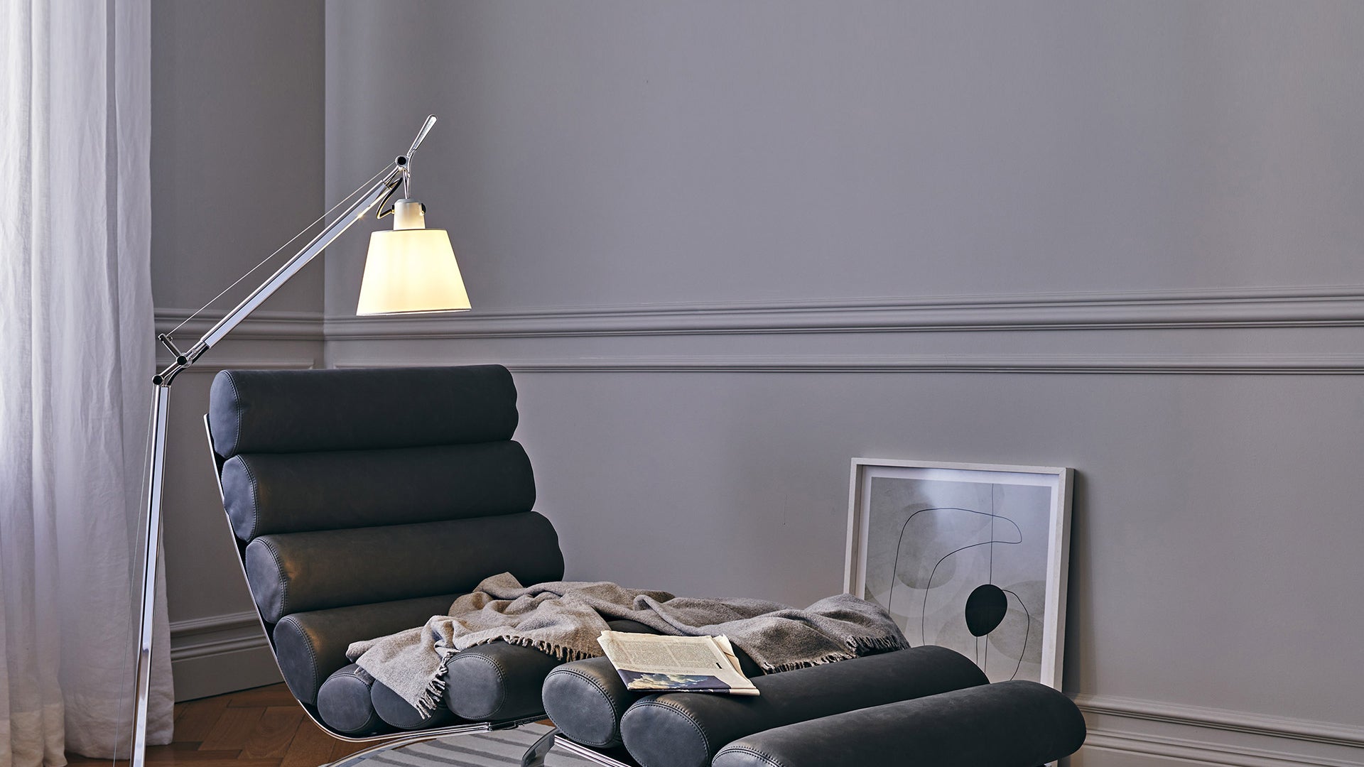 TOLOMEO BASCULANTE Reading Floor Lamp with Parchment Shade and Silver Base