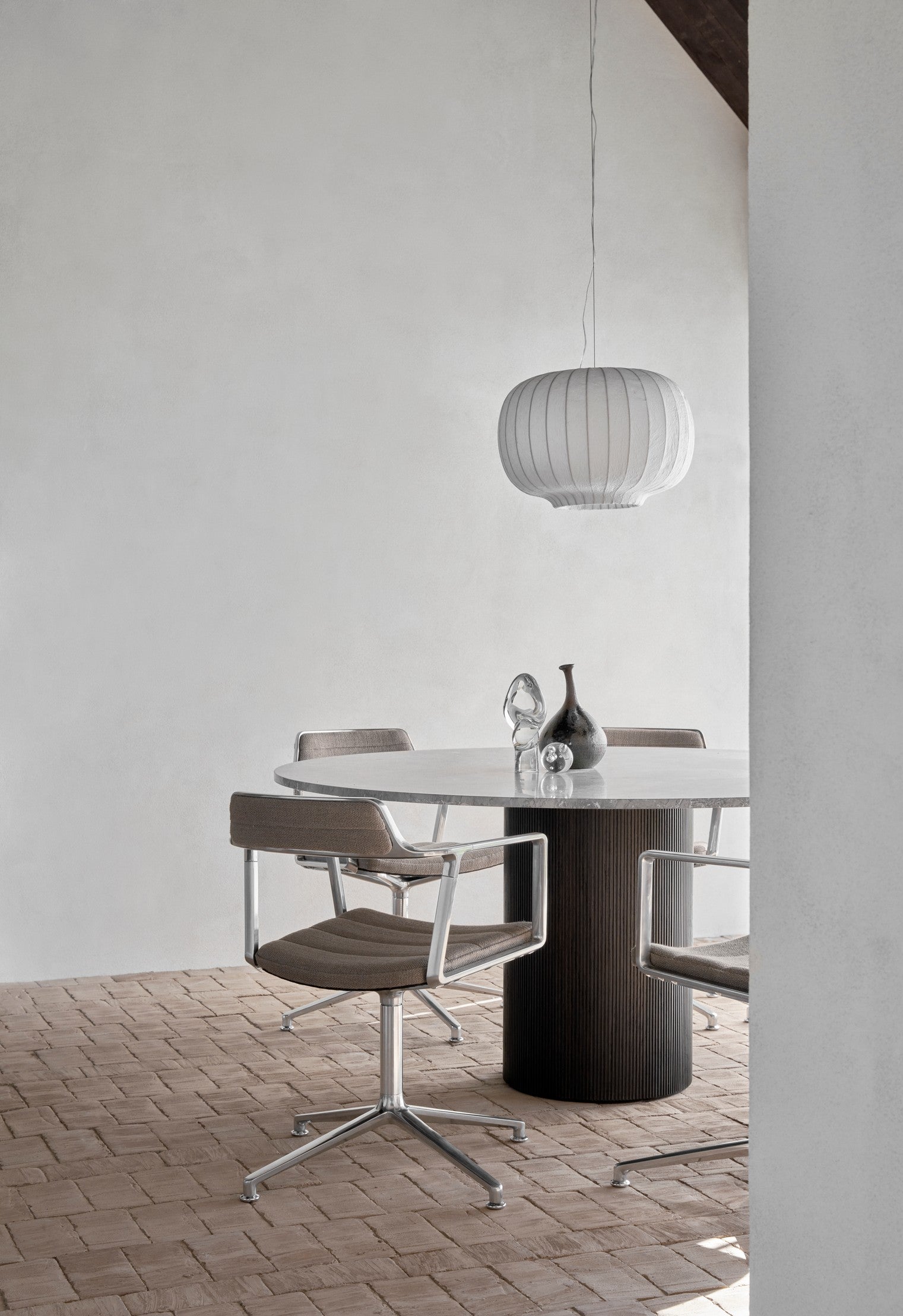 Round Table CABIN with a gray limestone top and a dark oak base